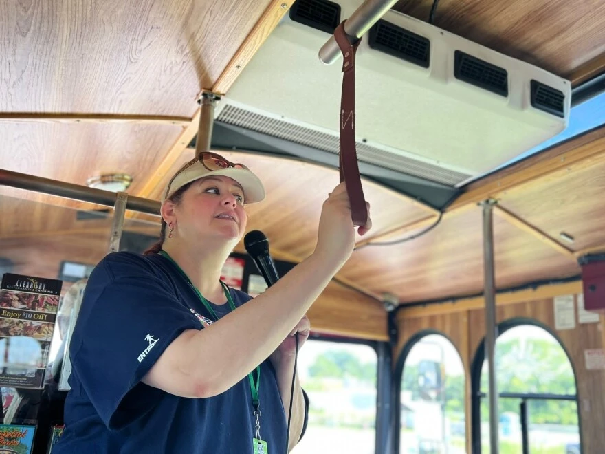 The woman stands inside a cart and speaks with a microphone