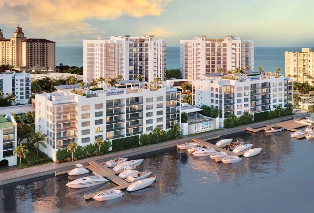 The Bay Residences at One Naples overlook the community's marina, located on the scenic Vanderbilt Lagoon.